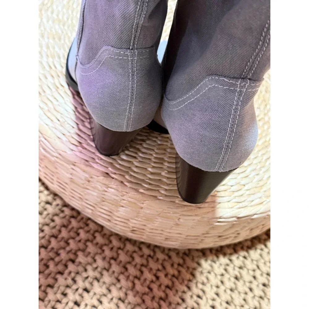 VIVIANLY Gray Denim Look Distressed Pocket‎ Over The Knee Cowboy Western Boots